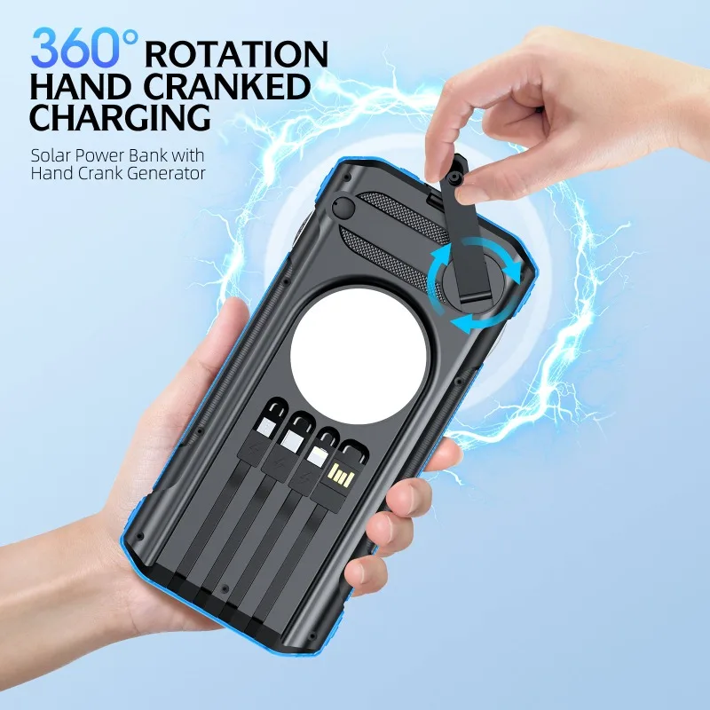 40000mAh Outdoor Hand‑crank Solar Power Bank for IPhone ＆ Tablet Portable LED Reading Light with Four Built‑in Cables