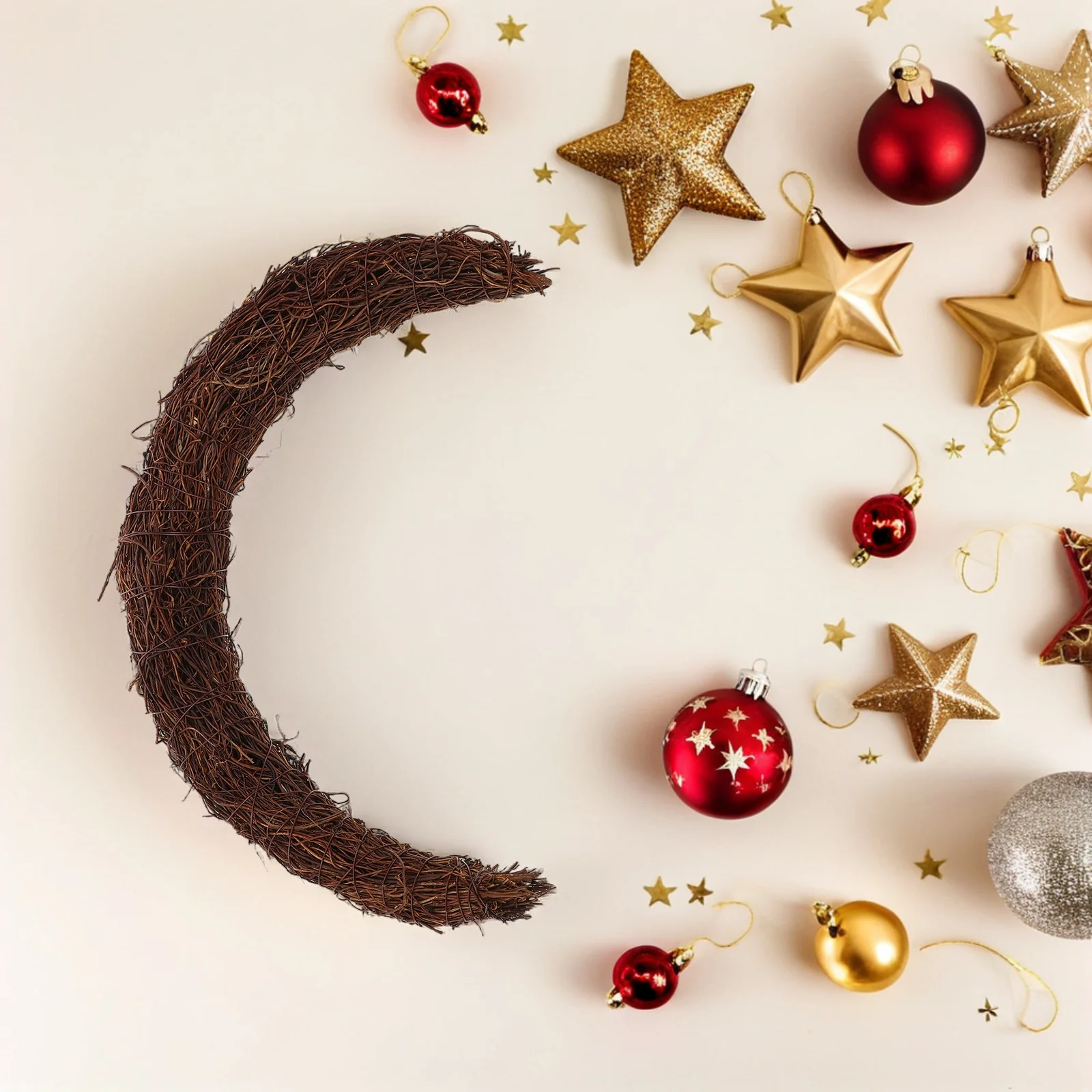 

2Pcs Christmas Moon Shape Wreath 25cm Rattan Vine Branch DIY Rustic Front Door Wall Decorations Rattan Vine Branch Wreath