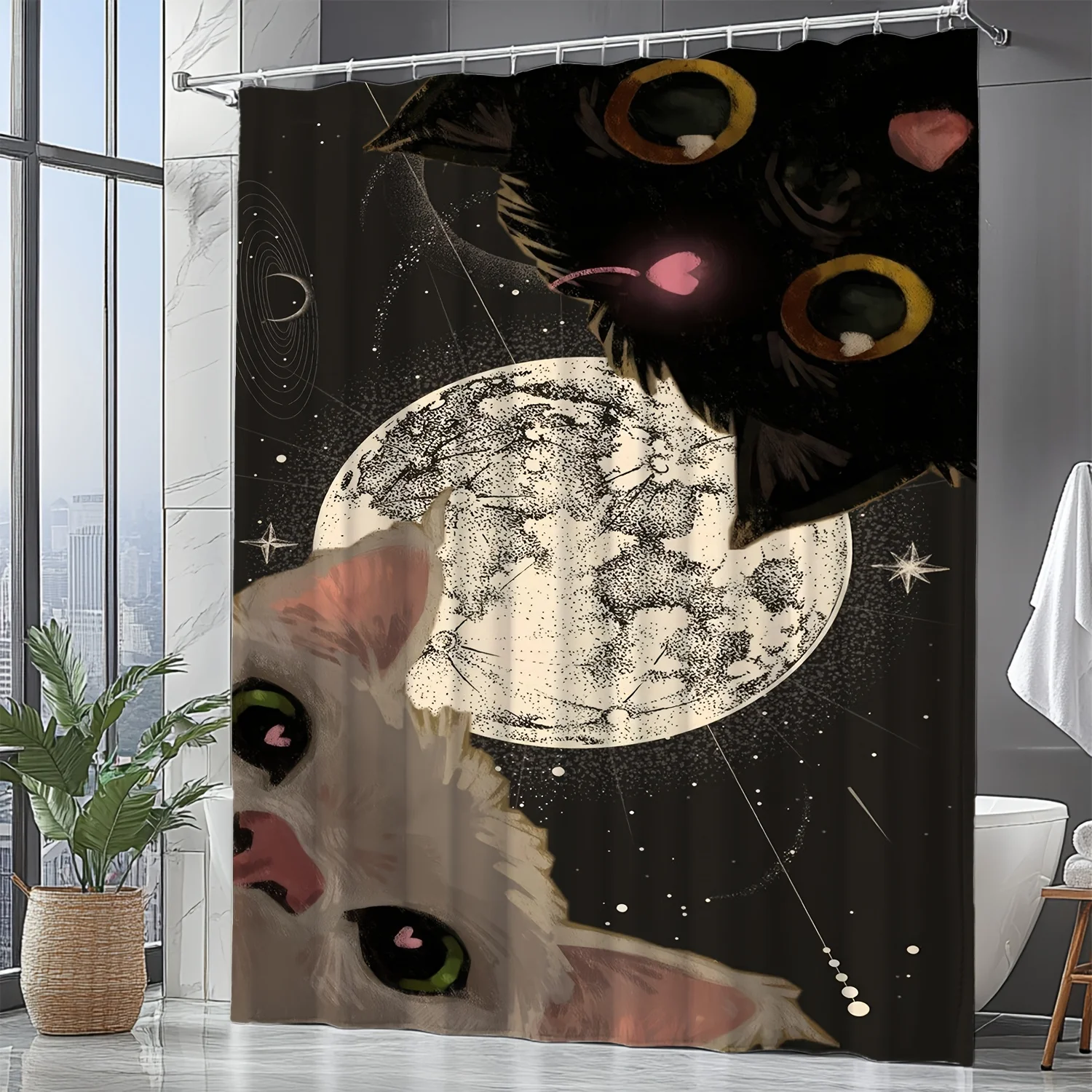 

1 шт., занавеска для душа с милыми кошками-черный фон с пушистыми кошками, машинная стирка, полиэстер, декор для ванной комнаты, современный, минимальный