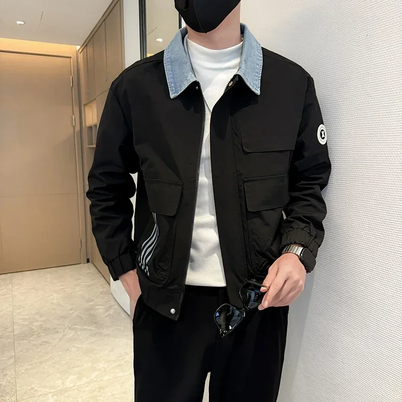 Fashion Denim Splicing Jacket Men Autumn Long Sleeve Loose Casual Lapel Jacket Simple Versatile Windbreaker Coats Streetwear