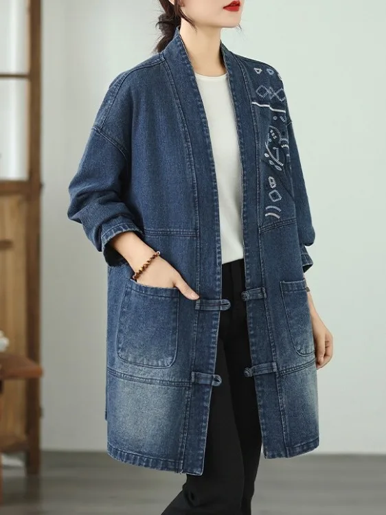 

Artistic Embroidered Faded Denim Style Long Sleeve V-Neck Casual Open Cardigan Coat for plus Size Women Autumn Season Cotton ...