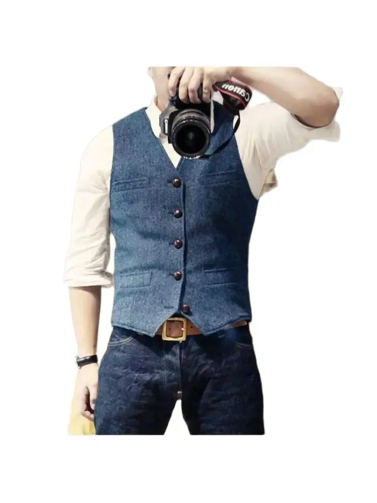 

Men's Suit Vest Blue Single Breasted Woolen Blended Mens Vest Denim Jeans Waistcoat Jacket Slim Fit Casual Formal Business