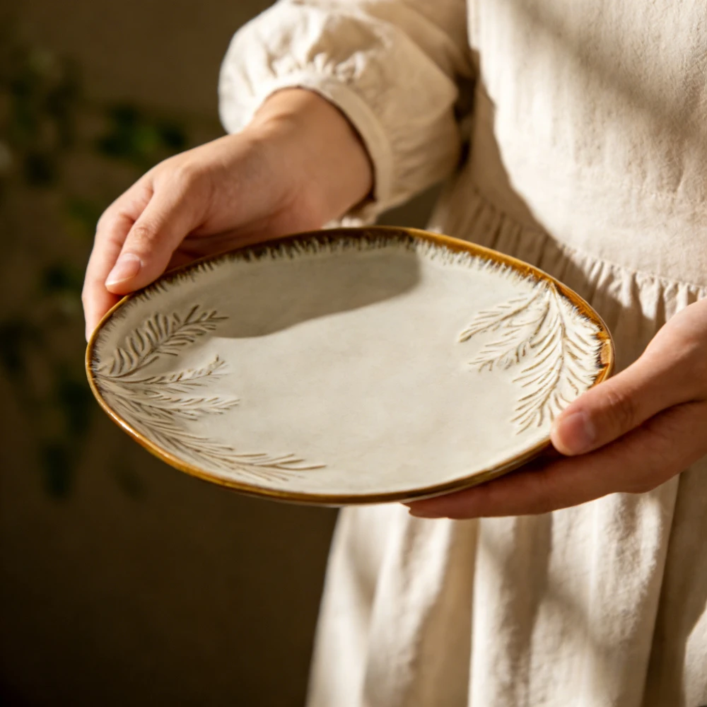 

Японская керамическая тарелка уникальной формы с рельефным узором в виде листьев, винтажная, с коричневой окантовкой, для салатов и рамена, посуда для дома