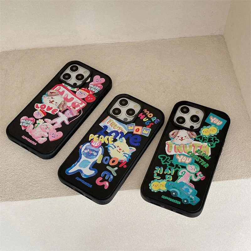 

Cartoon Cat Dog Doll Black Frosted Phone Case Cover for IPhone 13 14 15 Pro Max Case