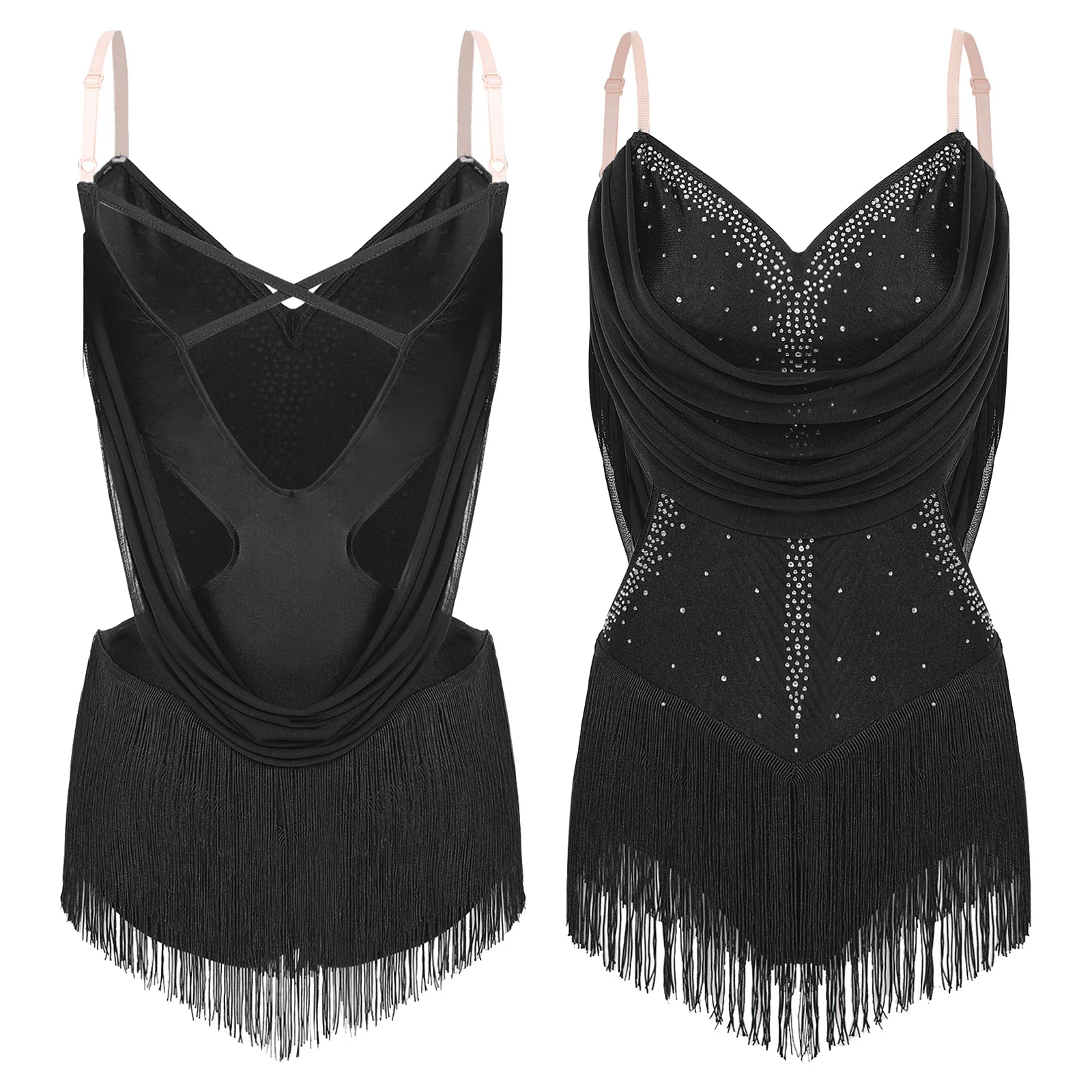 

Jazz Latin Samba Rumba Dance Dress for Women Glittery Rhinestones Dance Competition Costume Ruched Mesh Drapes Tassel Bodysuits