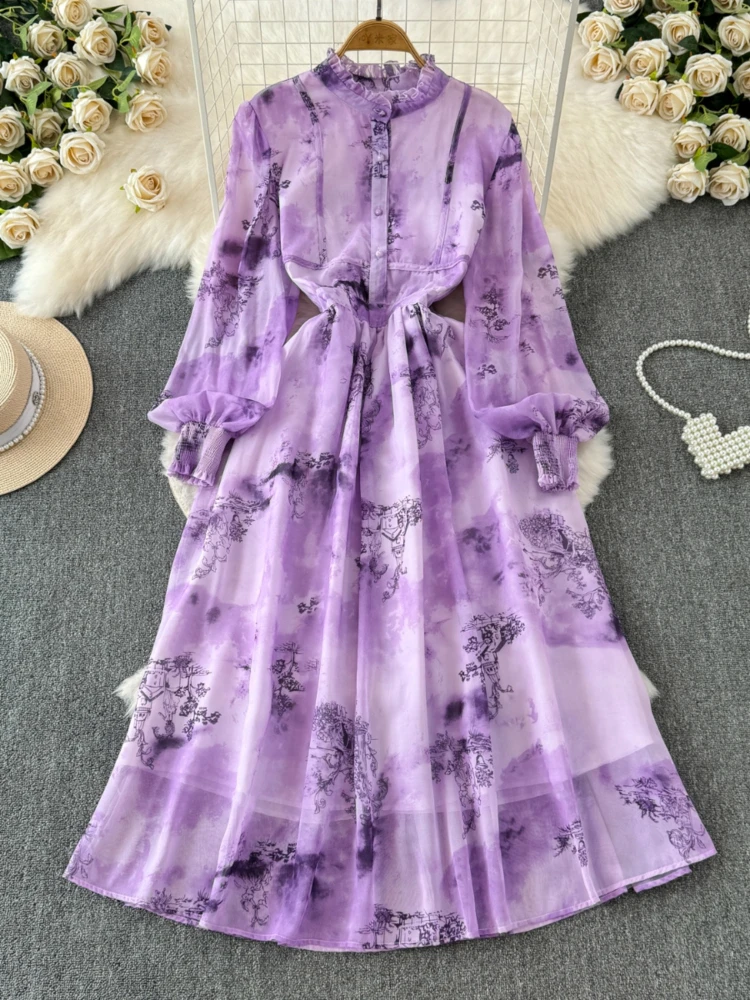 Women French Printing Chiffon Dress Spring Autumn Stand Collar Button Slim Long Dresses Ladies Bubble Sleeve Floral Long Robe