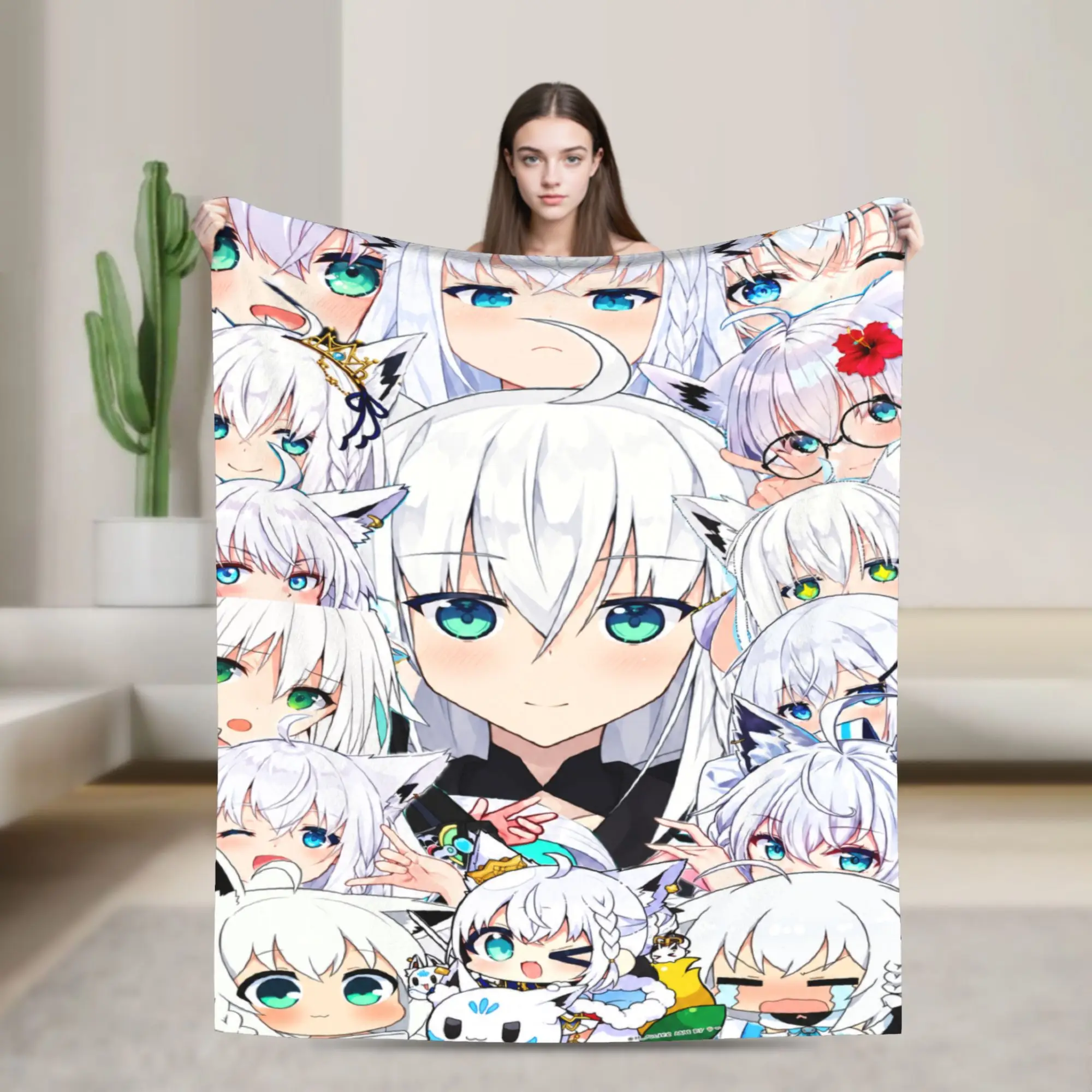 Hololive Gamers Shirakami Fubuki Collage Warm Soft Blanket Plush Throw Blanket Couch Chair Flannel Bedspread Sofa Bed Cover