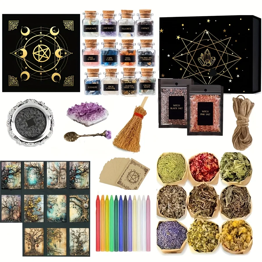 Witchcraft Kit Crystal Healing Set with Amethyst Cluster Candles Herbs Altar Cloth Spell Bowl Wicca Supplies Starter Kit