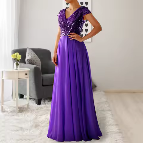 Elegant Sequins Chiffon Maxi Dress V Neck Short Sleeve Waist Tight High-Waist Dress Elegant Sequins Pleated Hem Evening Dress 80