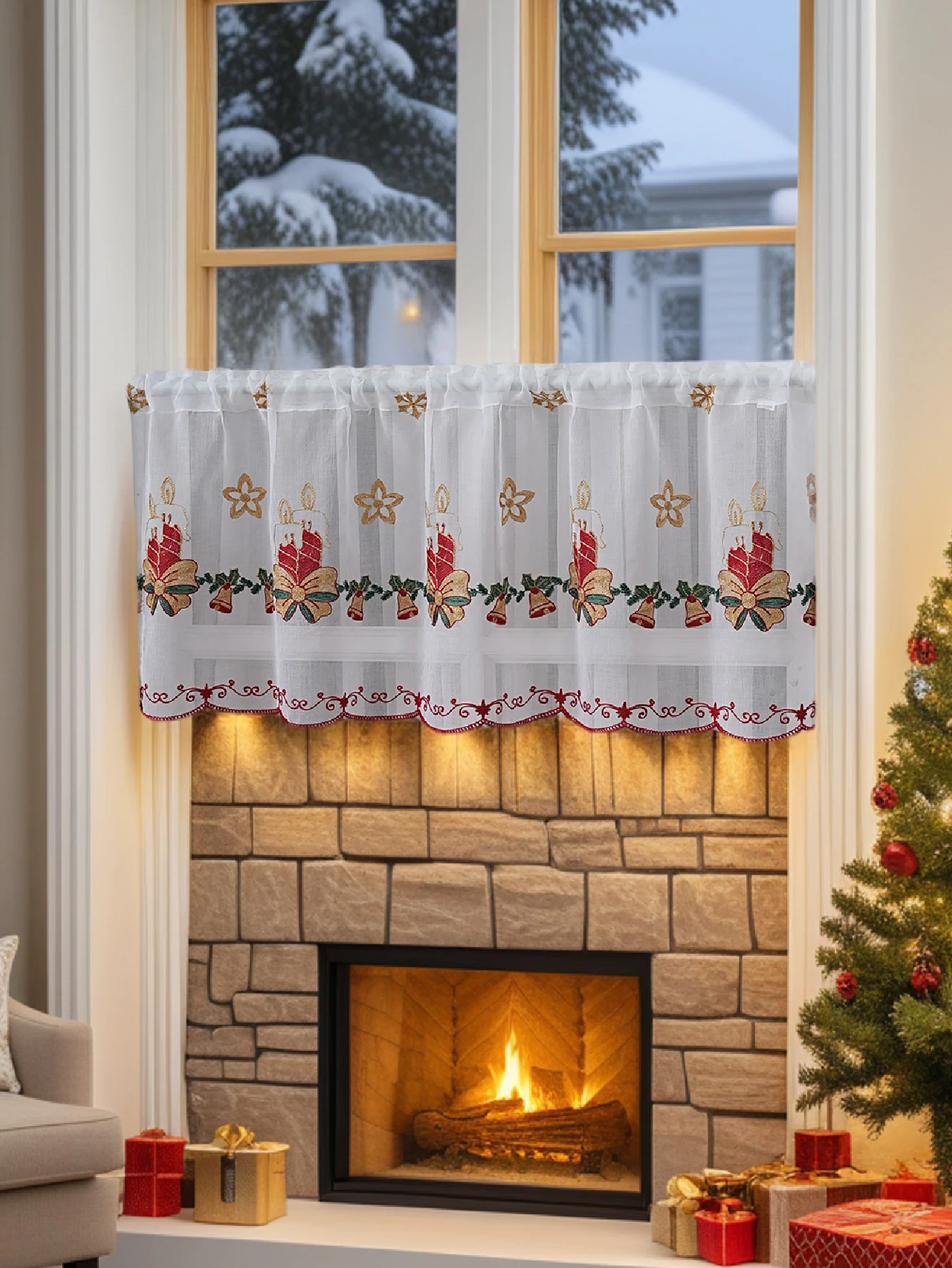 Christmas Candle Embroidery Short Curtain Living Room Bedroom Holiday Decoration Thin Gauze Short Curtain