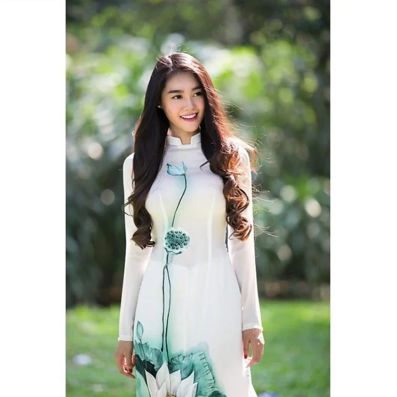 Women Vietnam Ao Dai Cheongsam Oriental Printed Chinese Traditional Party Evening Dress