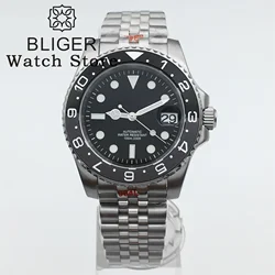 BLIGER 40mm Men's Watch NH35 Automatic With Black Gray Ceramic Bezel Sapphire Glass Black Dial Luminous Curved End Link Strap