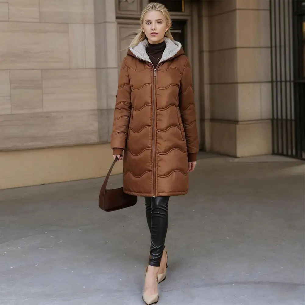 Women Waist Cinching Quilted Parka Sculpted Tailored Figure Flattering Mid Length Hooded Zip Up Sleek Winter Dressy Coat