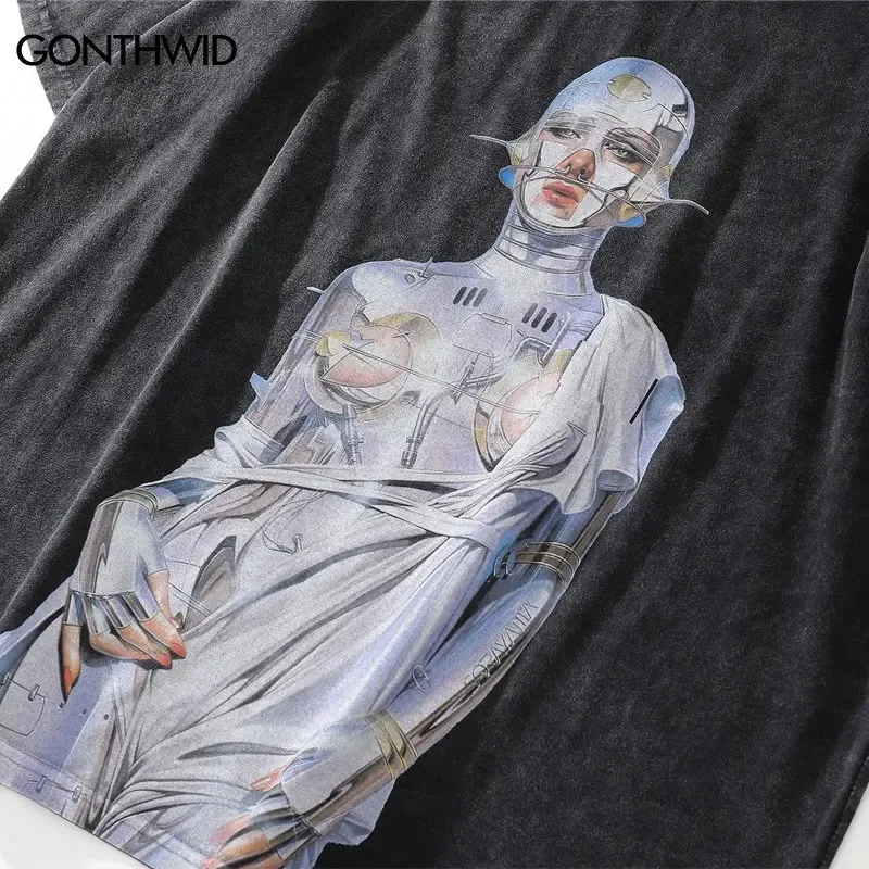 Distressed Oversized T-Shirt Streetwear Hip Hop Vintage Robot Graphic Print Tshirt Men Harajuku Casual Short Sleeve Tee Shirts