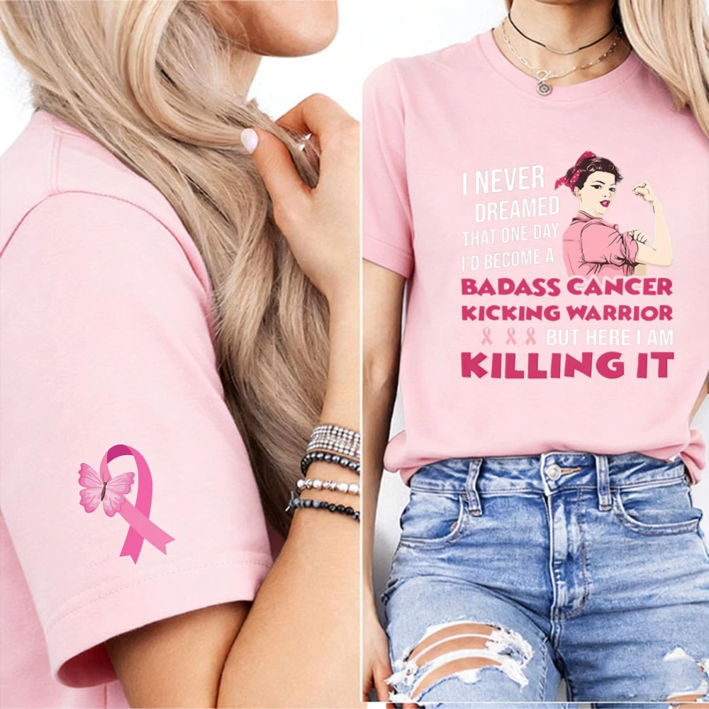 Badass Cancer Kicking Warrior Rosie Riveter Print Butterfly Pink Ribbon Cuff Graphic Breast Cancer Awareness Casual Ladies Tees