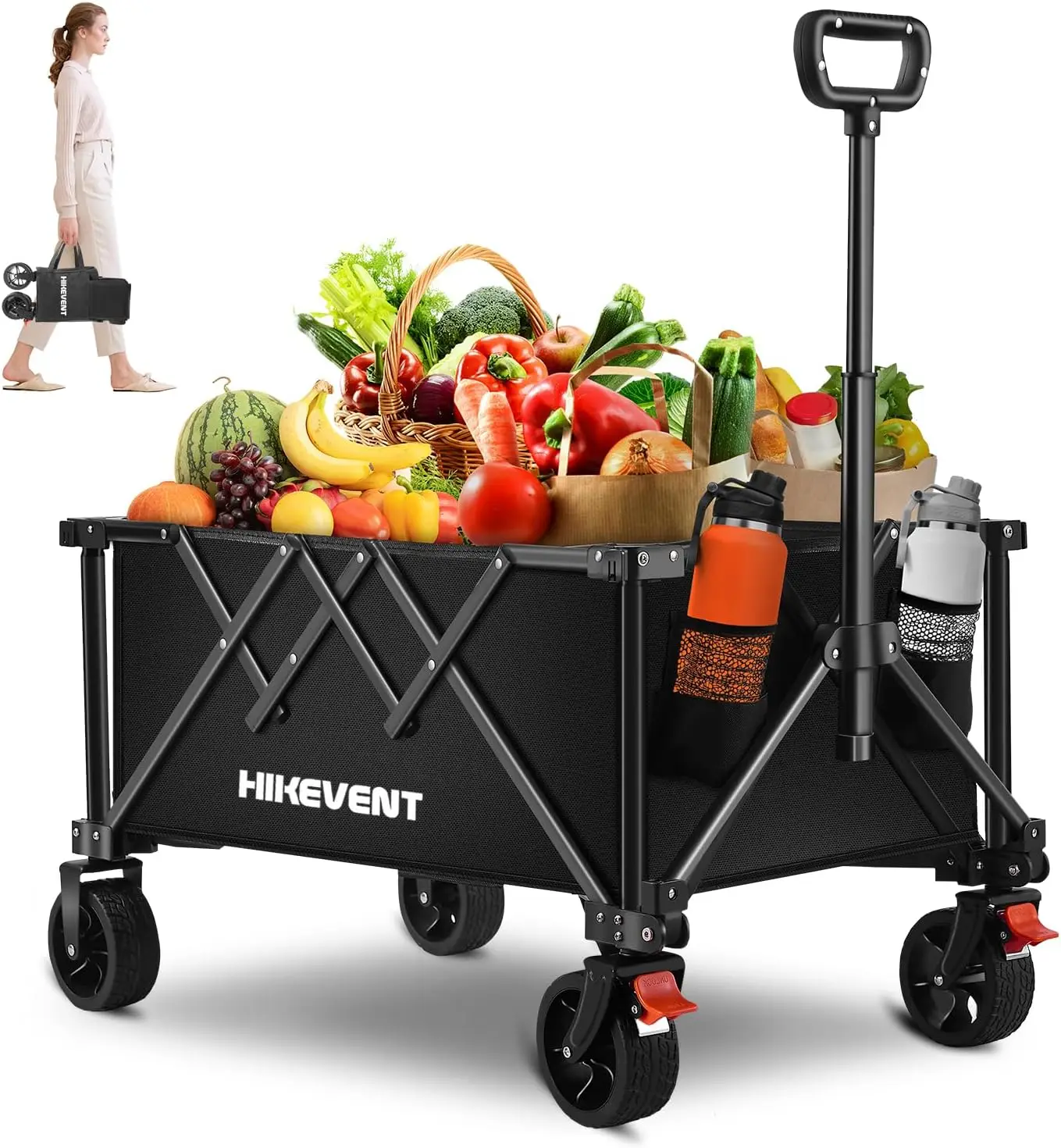 

Hikevent Collapsible Wagon Cart with 220lbs Weight Capacity, Utility Grocery Shopping Cart with Wheels, Portable Wagon, Black