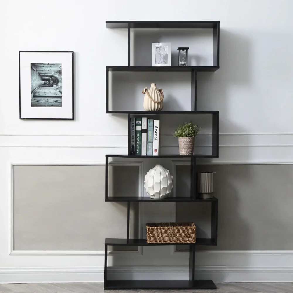 Staggered 6-Shelf Luke Bookcase, Black Living Room cabinets and bookshelves