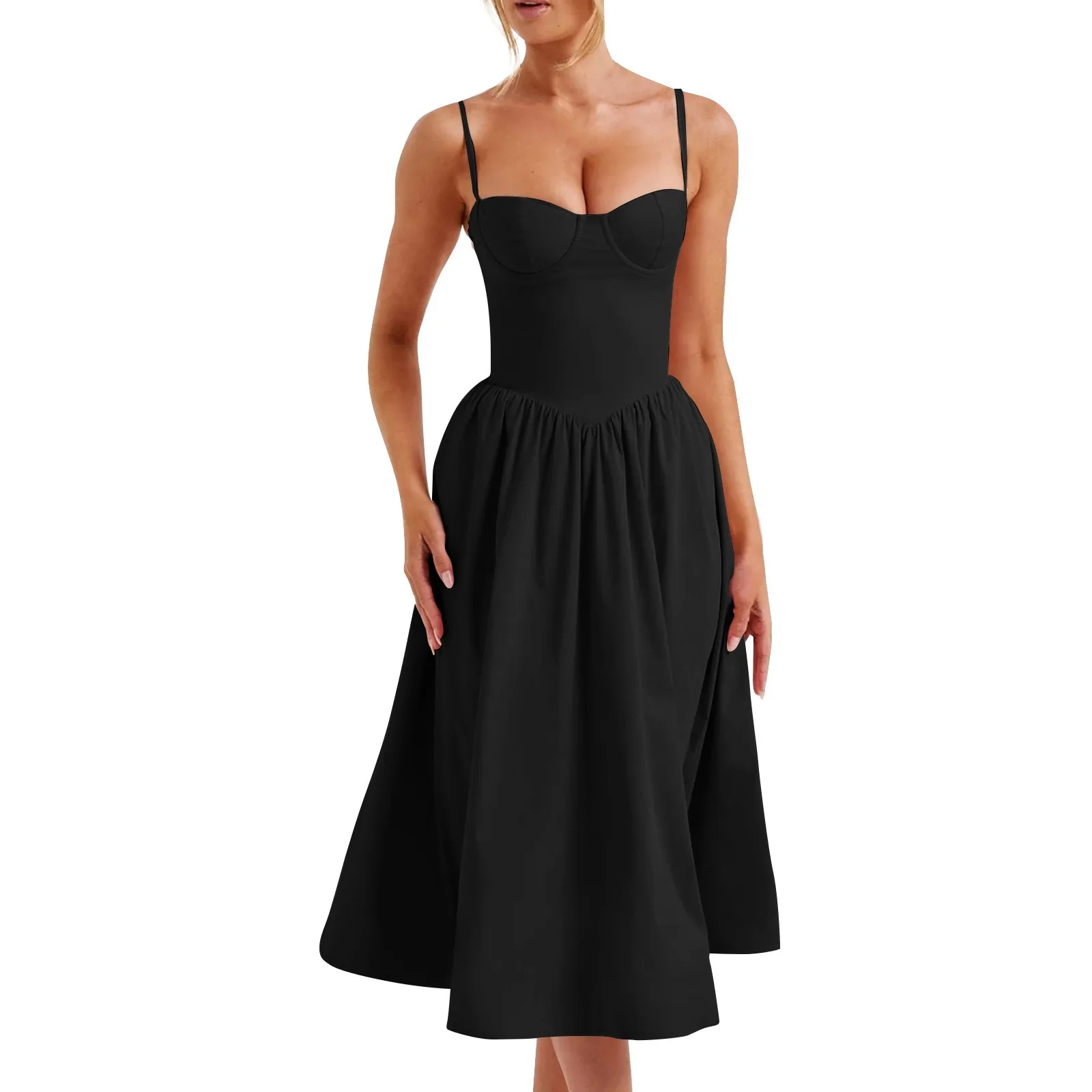 Vestido de longitud media con dobladillo grande para mujer, tirantes de cintura alta, elegante, Sexy, Color negro, Verano