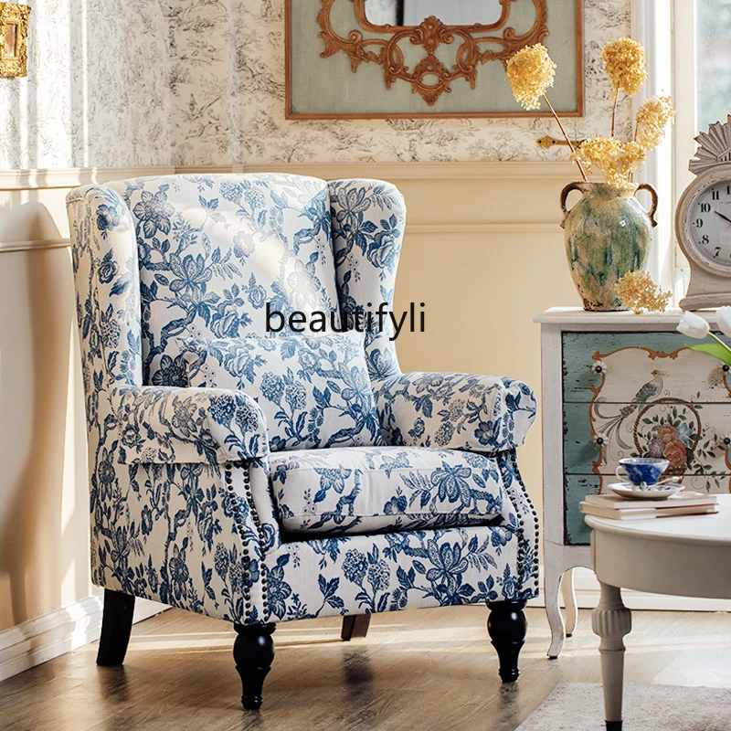 

zqFrench Fabric Sofa Single Bedroom Living Room Blue and White Wingback Chair Wooden Chair