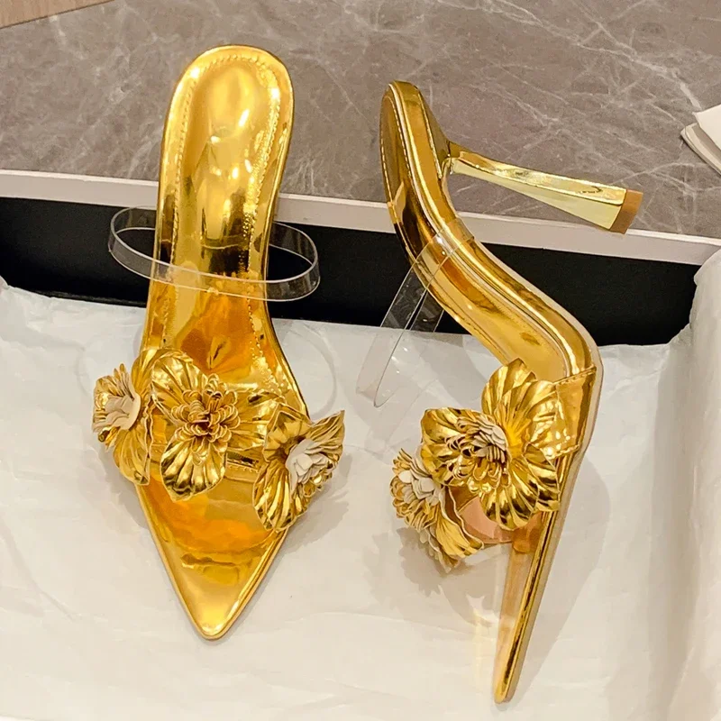 

Luxury Women's High Heels Summer Transparent Flower Sexy Pointed Toes Thin Heels Slippers Woman Dress Party Mules Slides Shoes