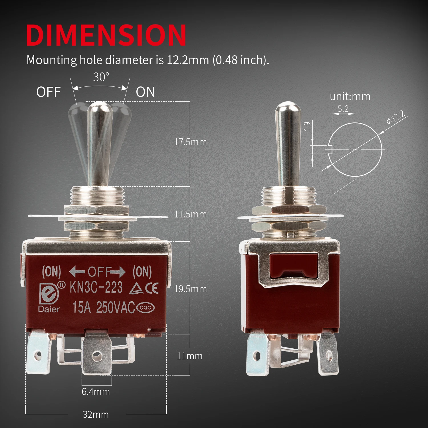 Waterproof Reverse Polarity Toggle Switch 12V 30A DC Motor Control RV Power Jack Momentary Switch (ON)-Off-(ON) DPDT 3 Position