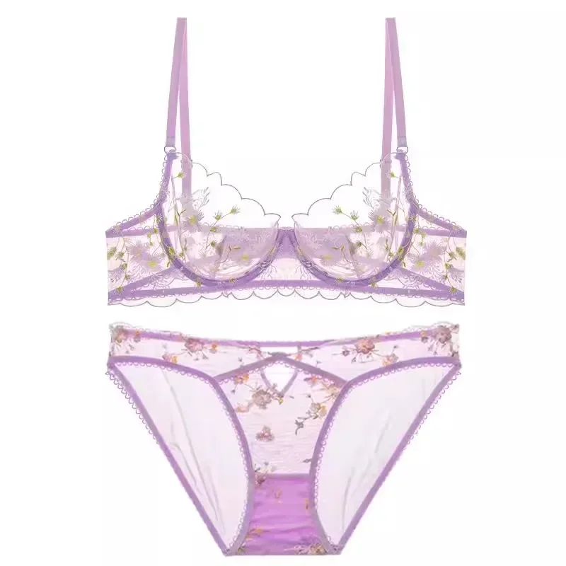 MOYISU Female Pure Desire Sexy Ultra Thin Transparent Lingerie Set Lingerie Lace Embroidery Large Bust Small Push-up Bra