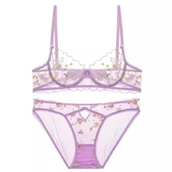 MOYISU Female Pure Desire Sexy Ultra Thin Transparent Lingerie Set Lingerie Lace Embroidery Large Bust Small Push-up Bra