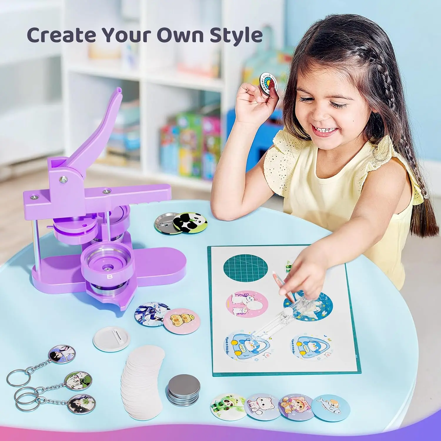 Button Maker Machine Multiple Sizes, 25mm+32mm+58mm Pin Maker Button Press Machine W/300 Pinback Making Supplies, 10 Keychain 10 Bottle Opener Badges