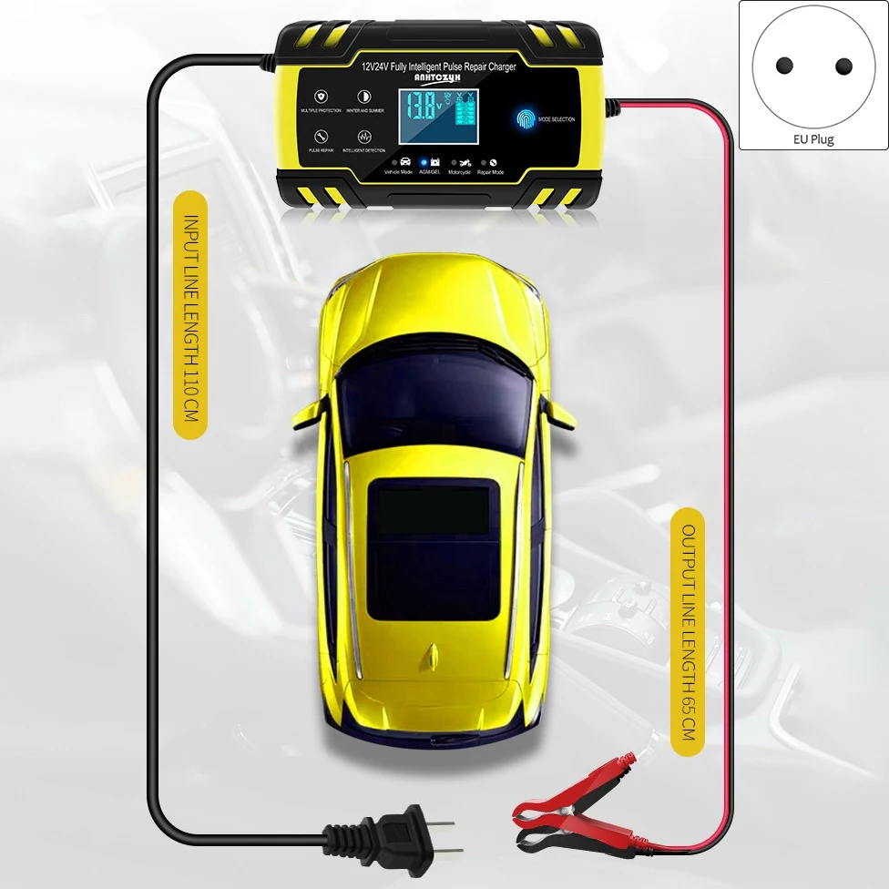 Anhtczyx Full Automatic Smart Battery Charger 12/24V 8A Pulse Repair Charger with LCD Digital Display Power Chargers EU