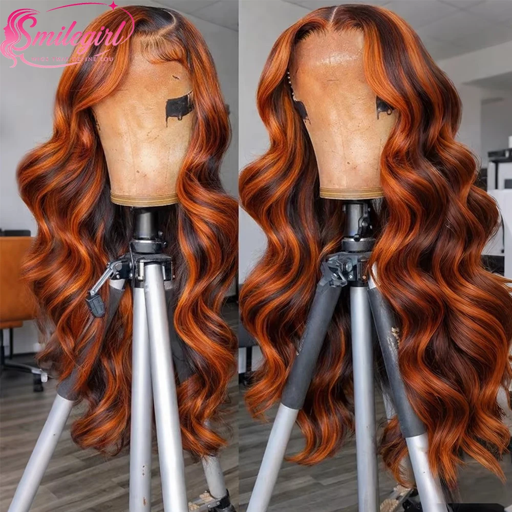 Smilegirl 4/350 Pelucas de Cabello Humano Ondulado Ombre con Reflejos Naranja Jengibre, Encaje Transparente HD para Mujeres Negras, 180% de Densidad, Pre-arrancadas con Cabello de Bebé