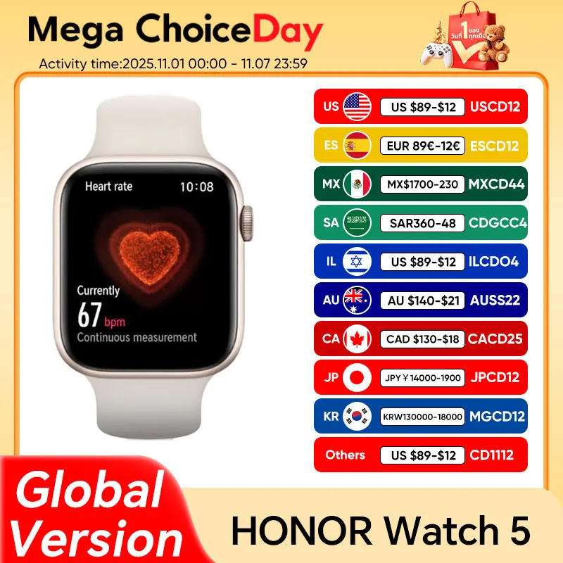 Global Version HONOR Watch 5 Smartwatch 1.85'' AMOLED Screen 480mAh Battery Bluetooth 5.2 IP68 NFC GPS