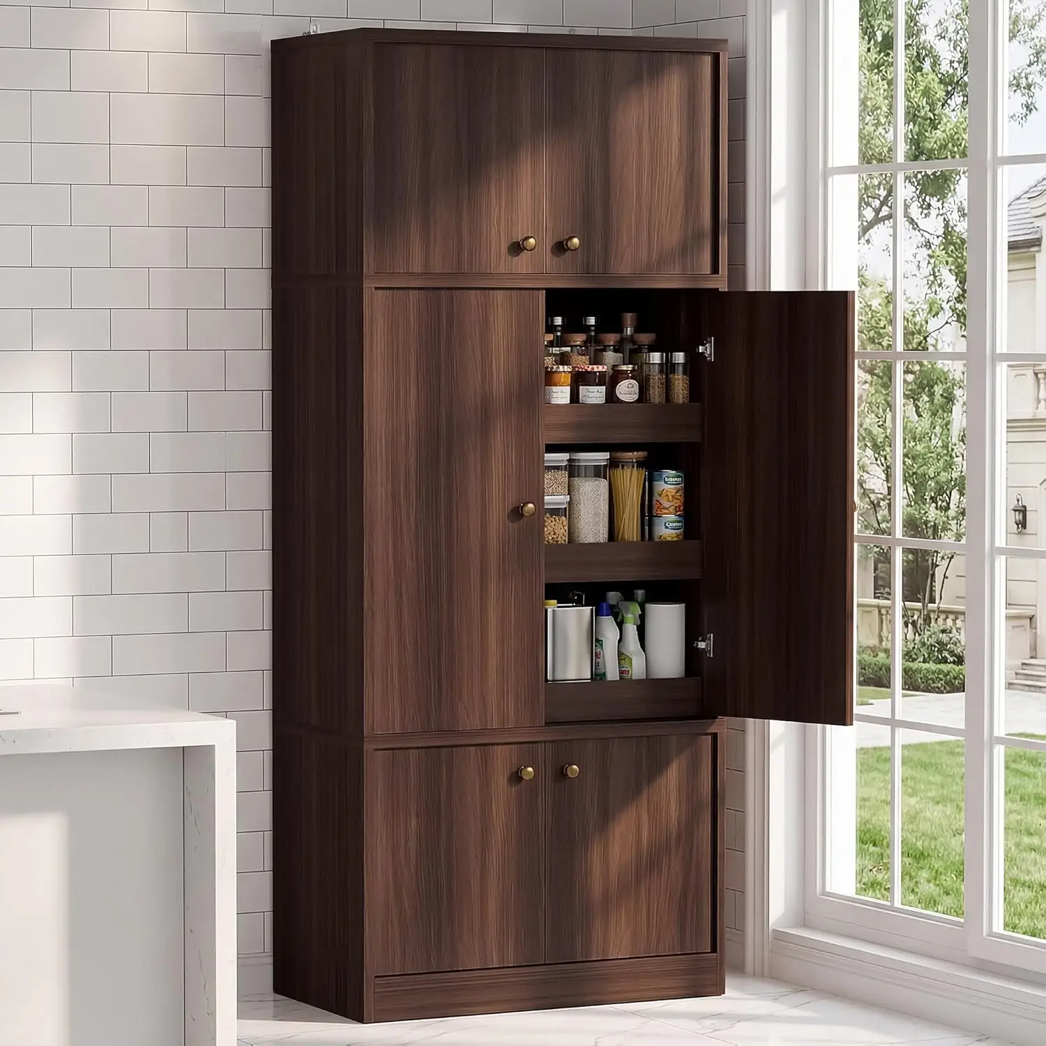 #￥71 Inch Tall Kitchen Pantry Cabinet with Pull Out Drawers, Modular Concealed Storage Hutch, Expandable Wall System,,Customized