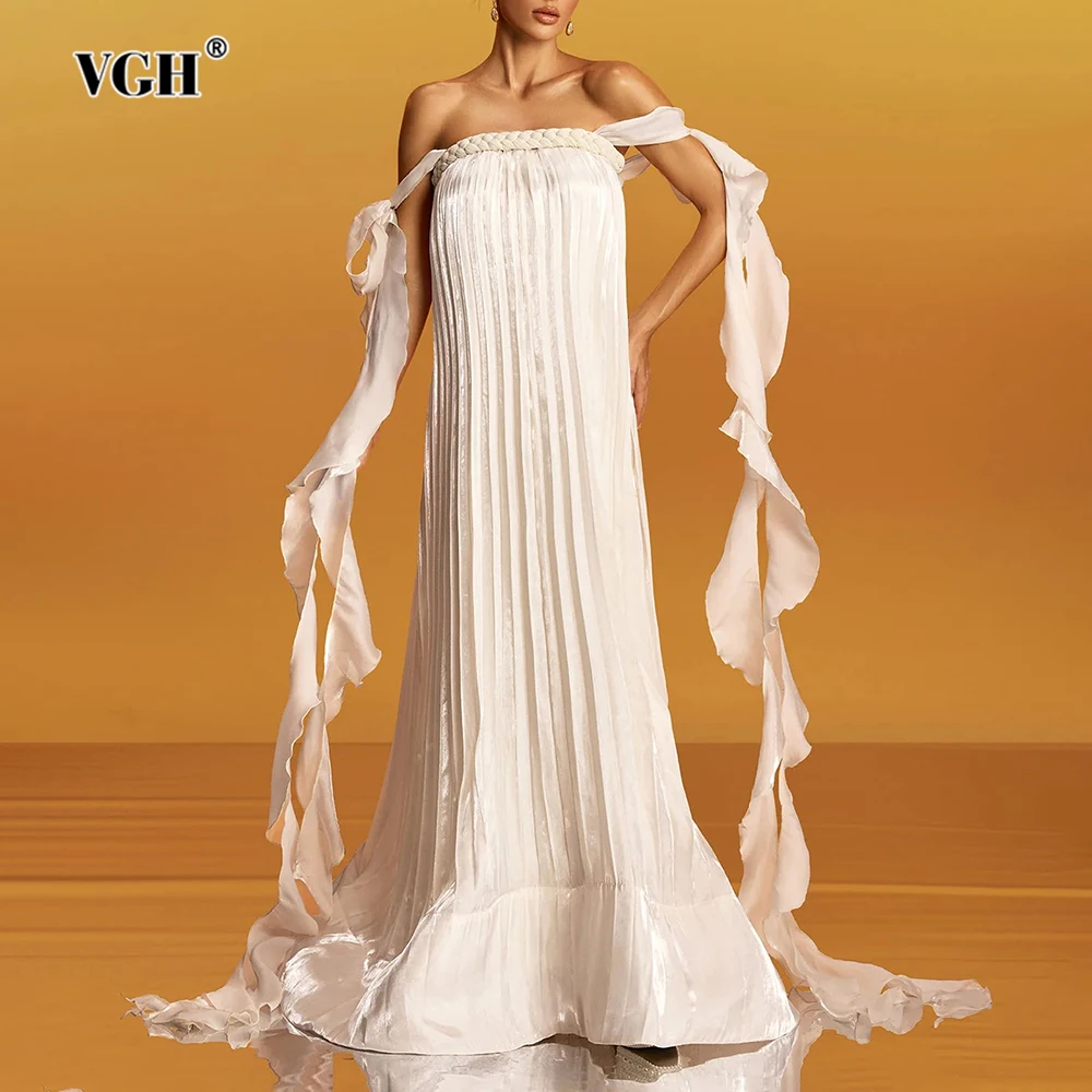 VGH مثير الملتوية عقدة مطوي فستان طويل للنساء حمالة عارية الذراعين المرقعة الشريط فضفاض مساء الجنية فساتين الإناث جديد