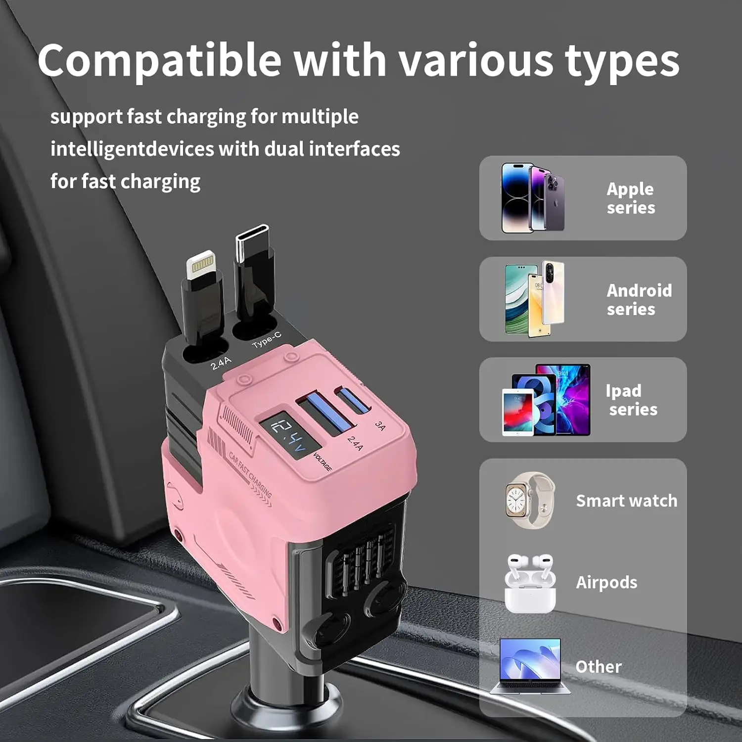 66 واط شحن سريع شاحن سيارة قابل للسحب 4 في 1 USB-C سيارة تهمة ولاعة السجائر محول مع كابلات قابلة للسحب 2 منافذ USB