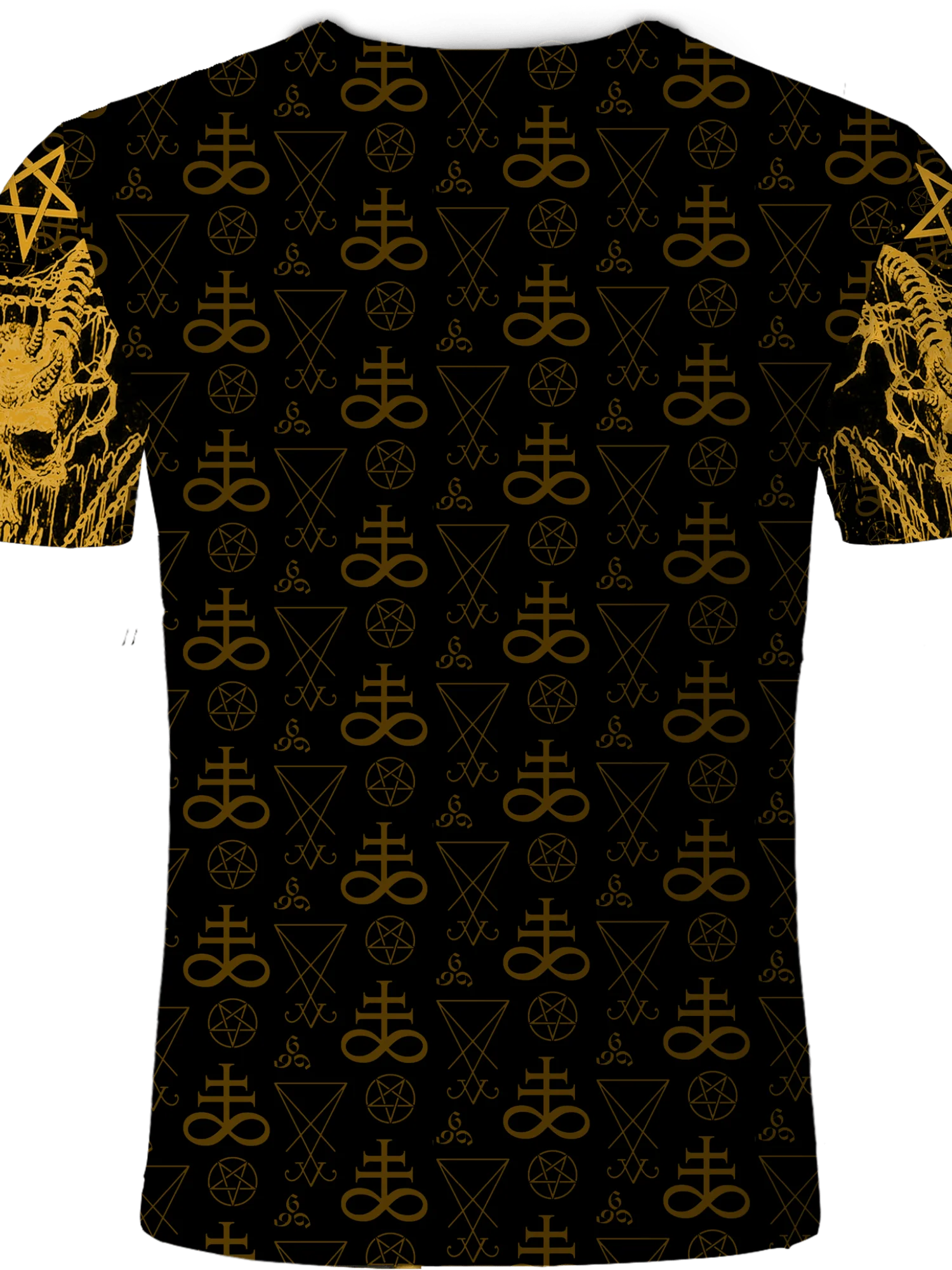 Camiseta abstrata geométrica impressa em 3D masculina e feminina – poliéster macio em negrito símbolos ocultos dourados pentagramas, crânios, luas