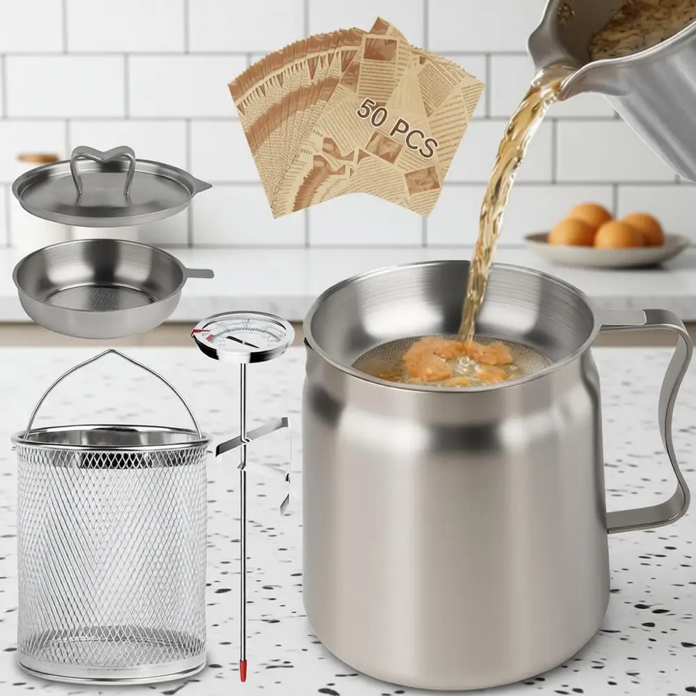 

2-литровая емкость для масла с фильтром-сеткой, стальной дозатор на 68 унций, большой контейнер для жира от бекона, кулинарный термометр и 50 бумажных пакетов для жарки.