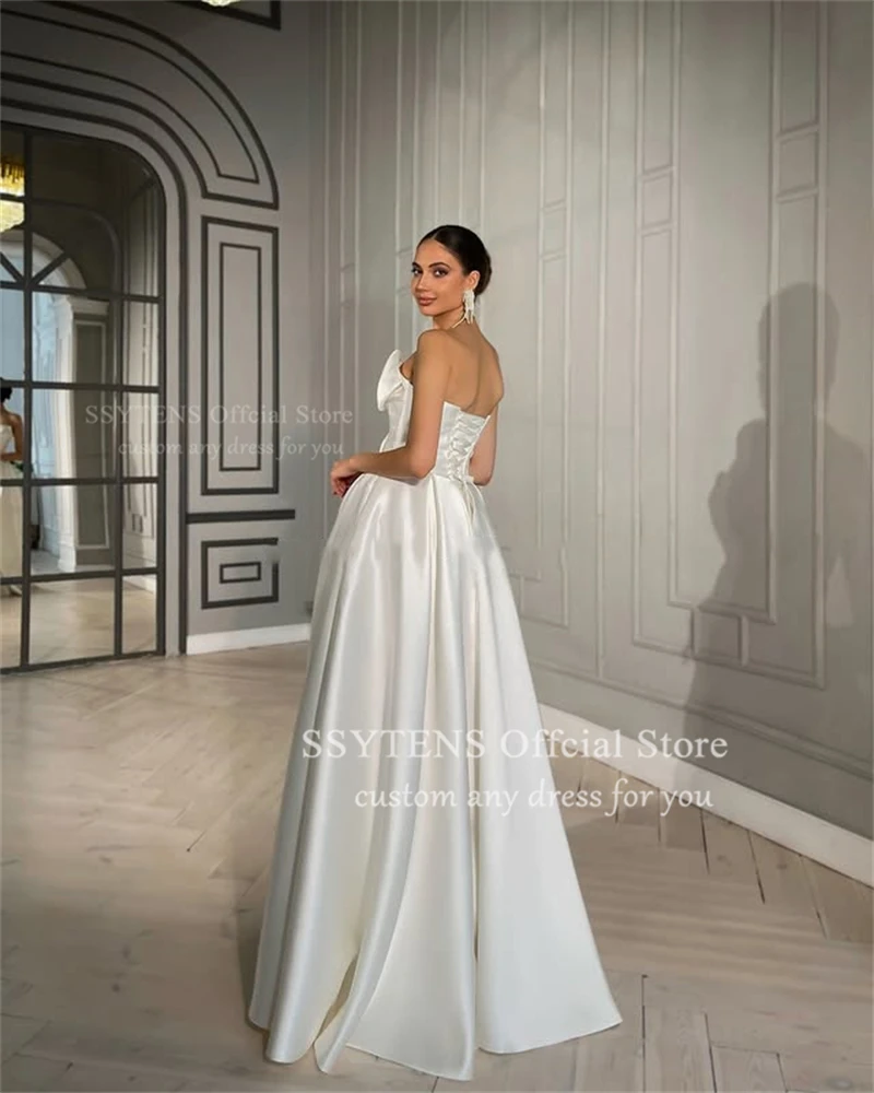 SSYTENS Elegante A-Linie Satin Brautkleider Ärmellose Brautkleider Dubai Maßgeschneidertes trägerloses Braut-Abschlussball-Abend-Partykleid