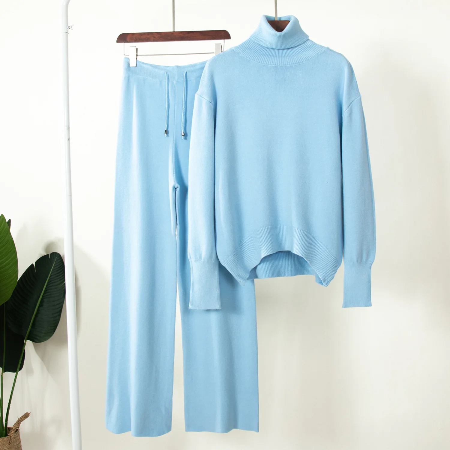 Solid Color High-neck Sweater + Wide-leg Knit Pants Two-piece Set 2024 Versatile Loose Sweater Suit for Winter.