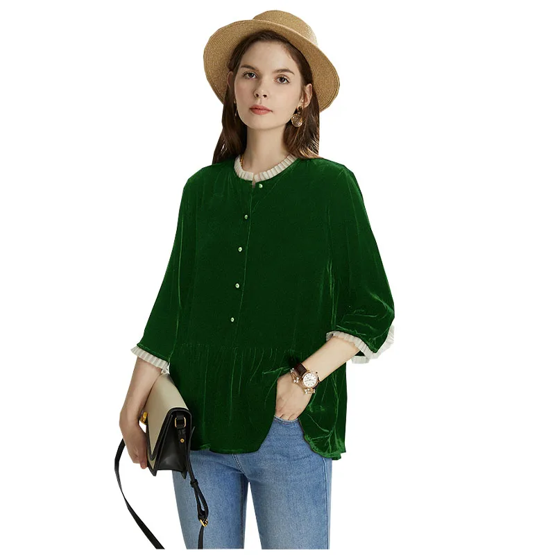 Silk Velvet Spring and Autumn Black Blouse Women Loose Doll Seven-quarter Sleeve Mulberry Silk Light Luxury Shirt Good quality