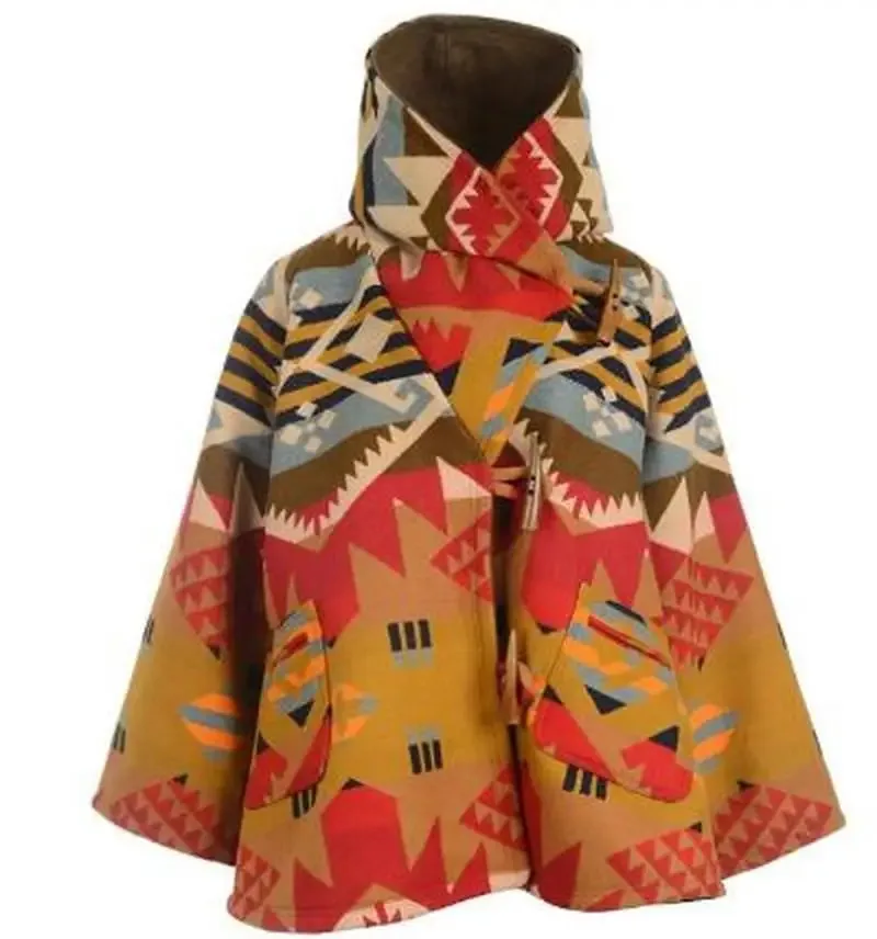 

Fashion Geometric Print Retro Long-sleeved Hooded Jacket Lady Pocket Office Lady Single Row Horn Button Loose Winter Jacket