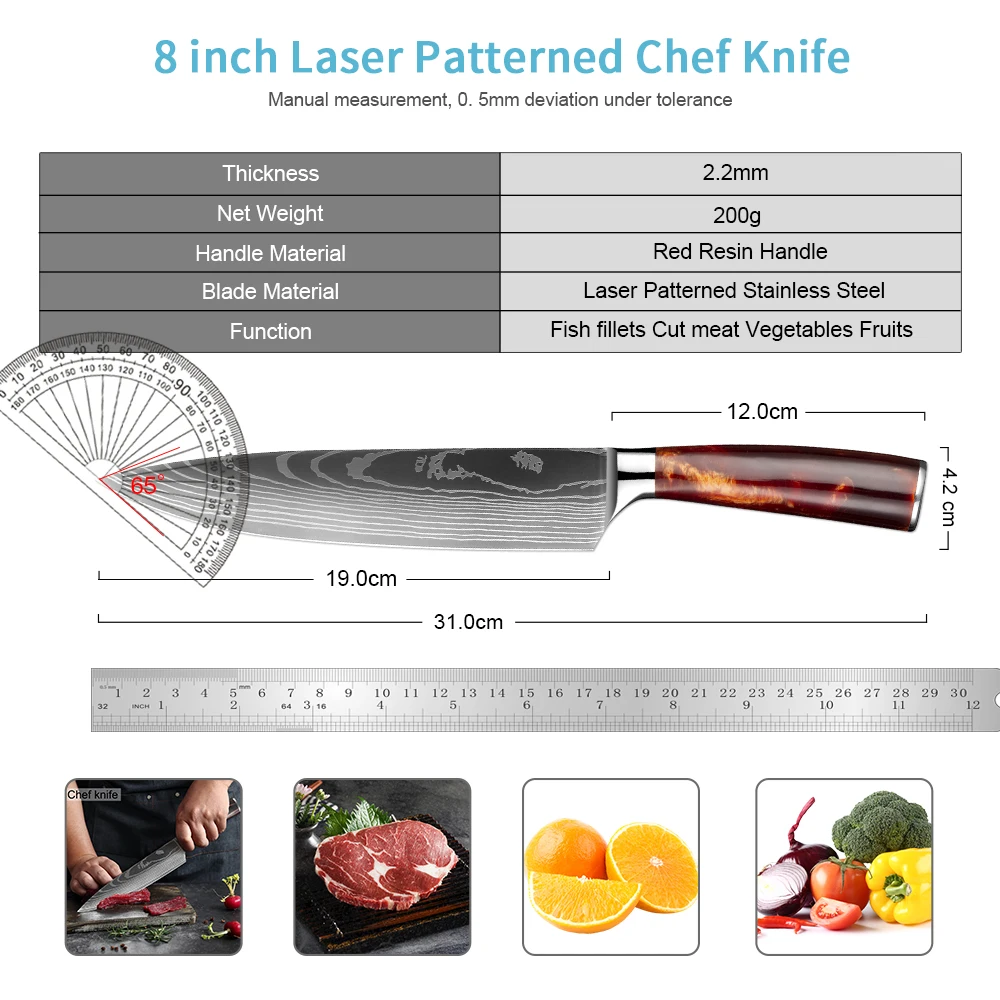 XITUO-Couteau de cuisine tranchant en acier inoxydable, couteau de chef, bord ergonomique, manche en résine rouge avec gaine, 8 po, 7Cr17Mov