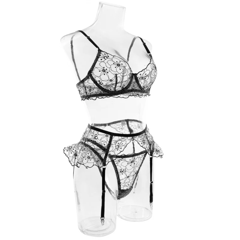 Bikini embroidered see-through ruffled underwire sexy lingerie three-piece set