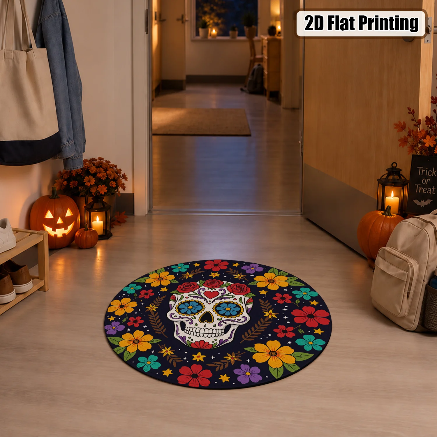 Colorful Sugar Skull Floral Pattern Round Velvet Area Rug, Machine Washable Soft Plush Floor Mat for Living Room, Bedroom, Entryway, Halloween, Thanksgiving, Christmas, New Year Home Decor
