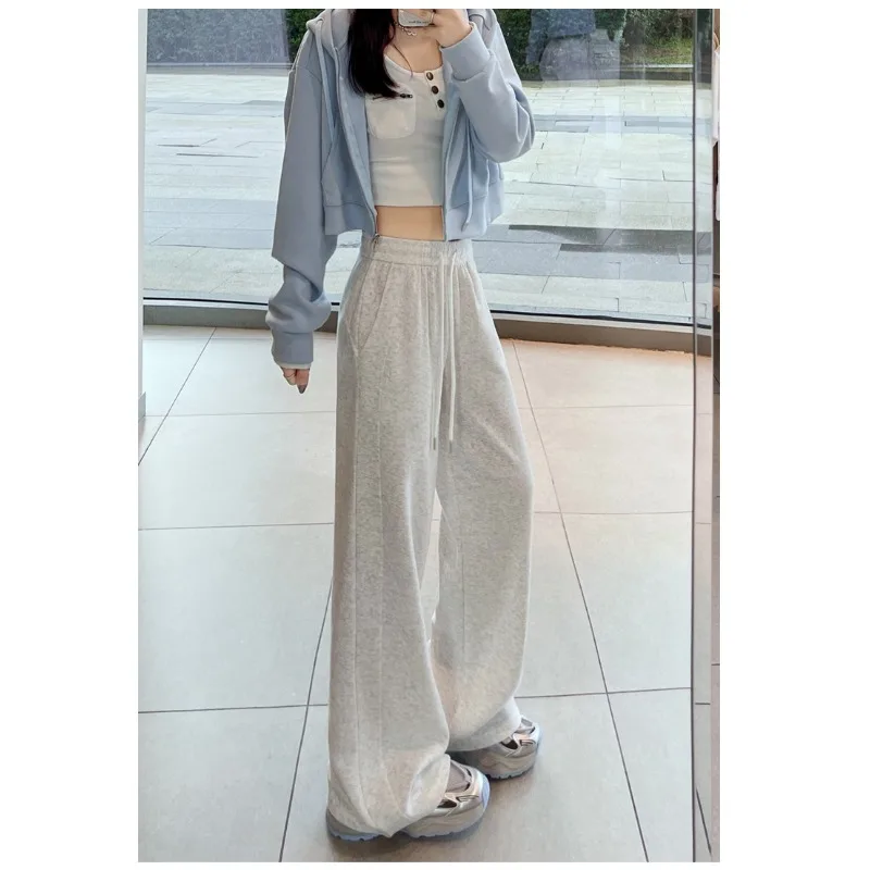 여성을위한 흰색과 회색 매칭 스포츠 바지 봄 가을, 겨울 느슨한 스트레이트 레그 쁘띠 좁은 와이드 레그 스웨트 팬츠