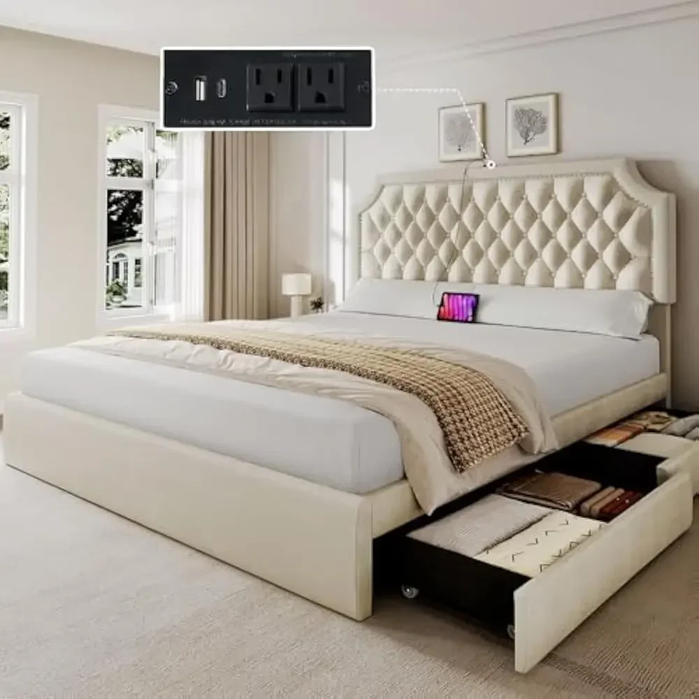 

Full Size Bed Frame with Adjustable Headboard, 4 Storage Drawers and Charging Station & Button Tufted, No Box Spring Needed