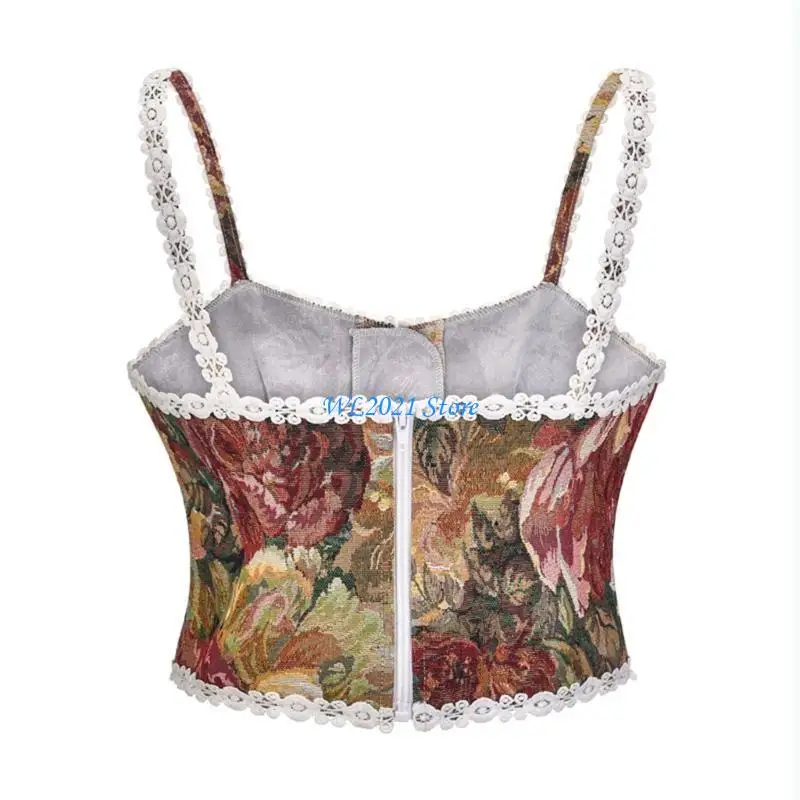 

G5GC Oil Painting Floral Print Bustier for Women Lace Up Zip Back Fishbone Corset Top