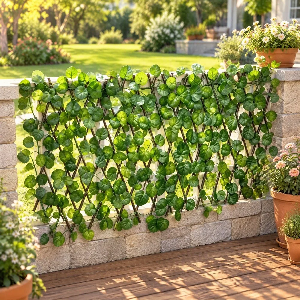 Expandable Faux Hedge Screen for Outdoor Courtyard Patio Balcony Garden with Lifelike Foliage and Sturdy Wooden Trellis Base