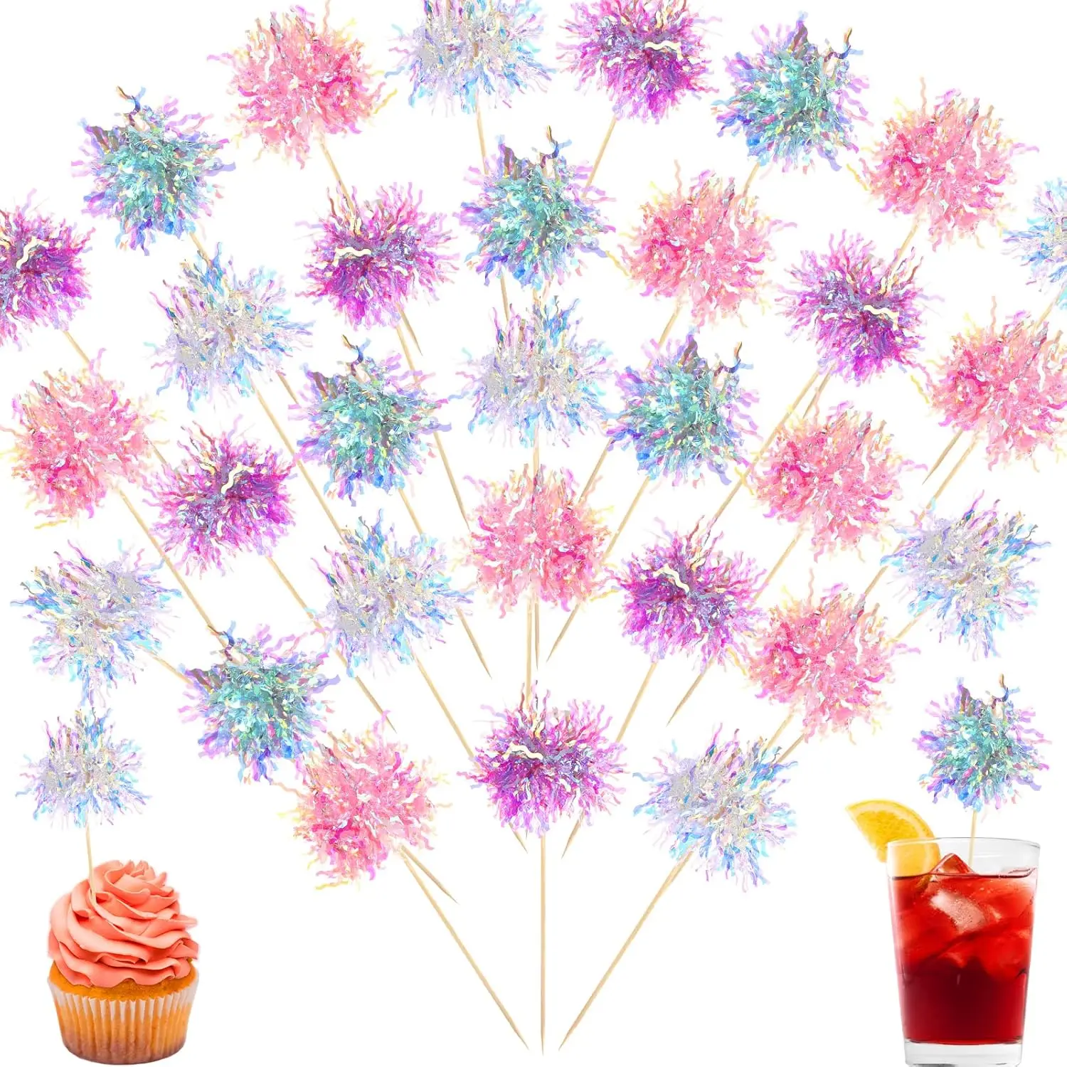 

120Pcs Firework Cupcake Toppers Foil Tinsel Picks Cake Decorations Party Supplies