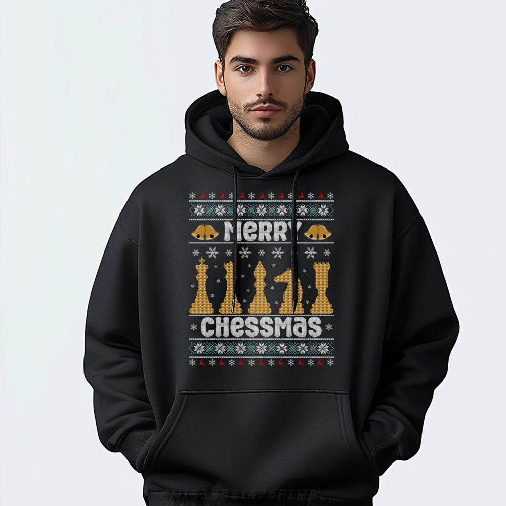 Merry Chessmas Ugly Chess Player Christmas Graphic Pullover Hoodies Polyester Fiber Mens Hoodie