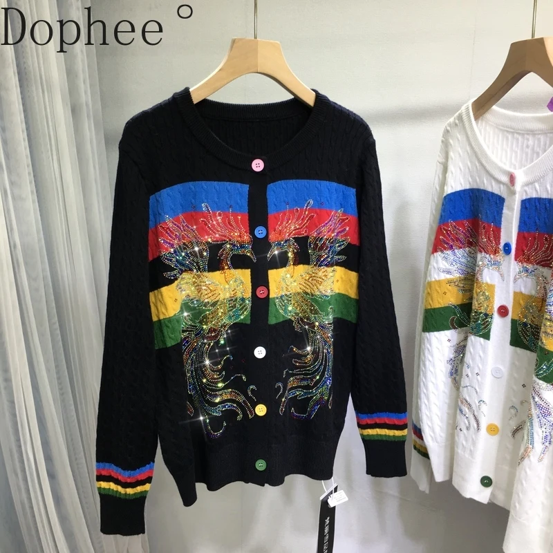 

Single-breasted O-neck Rainbow Stripes Knitted Cardigans Top Women New Autumn Winter Luxury Phoenix Drilling Knit Sweater Coat